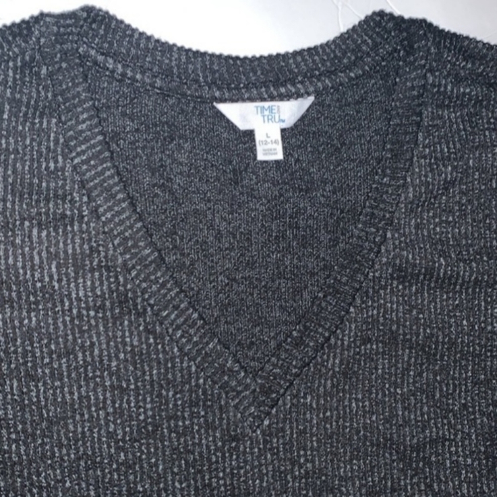Time & Tru Grey & Black Ribbed Long Sleeve Pullover V-Neck Knit Top Sz L - Picture 5 of 16
